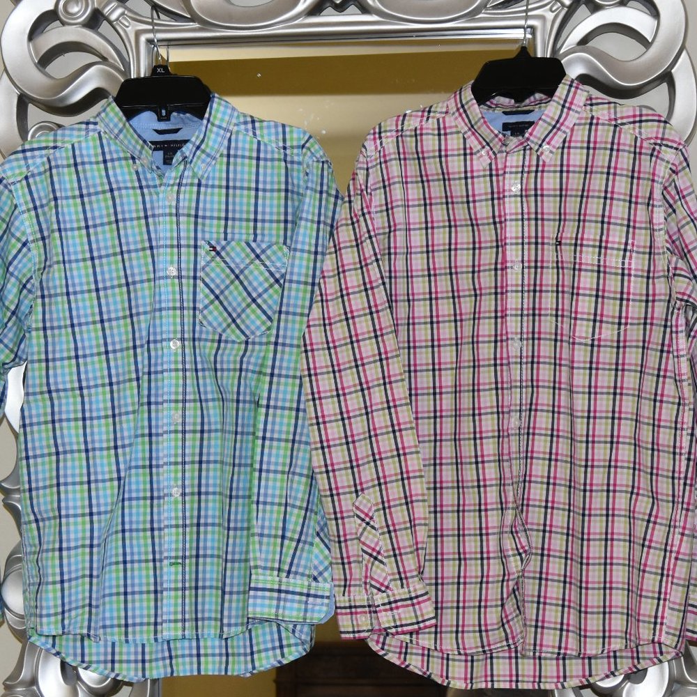 *2* Boys Tommy Hilfiger Pink Green Shirts L 16-18